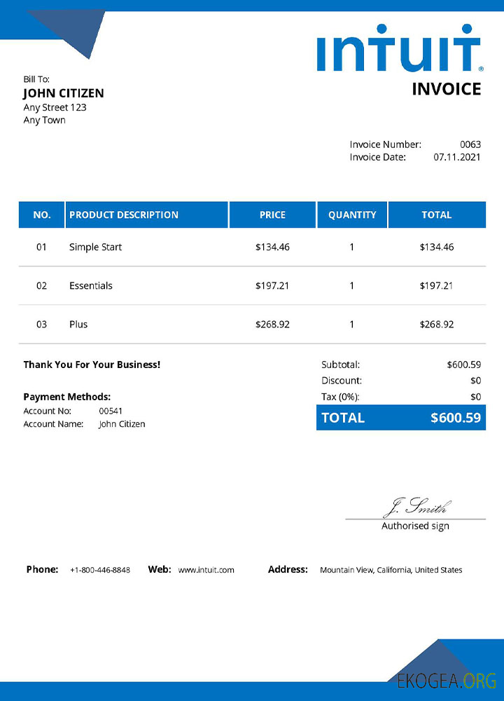 Modèle de facture Intuit aux États , Unis